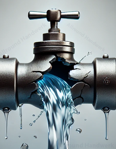 Wasser strömt aus einem gebrochenen Rohr, das einen Rohrbruch zeigt.